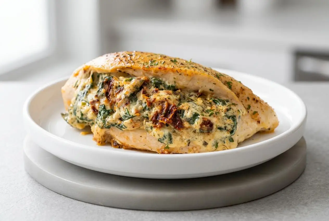 Stuffed Chicken Breast with a creamy spinach and cheese filling, baked to a golden brown in a cast iron skillet.