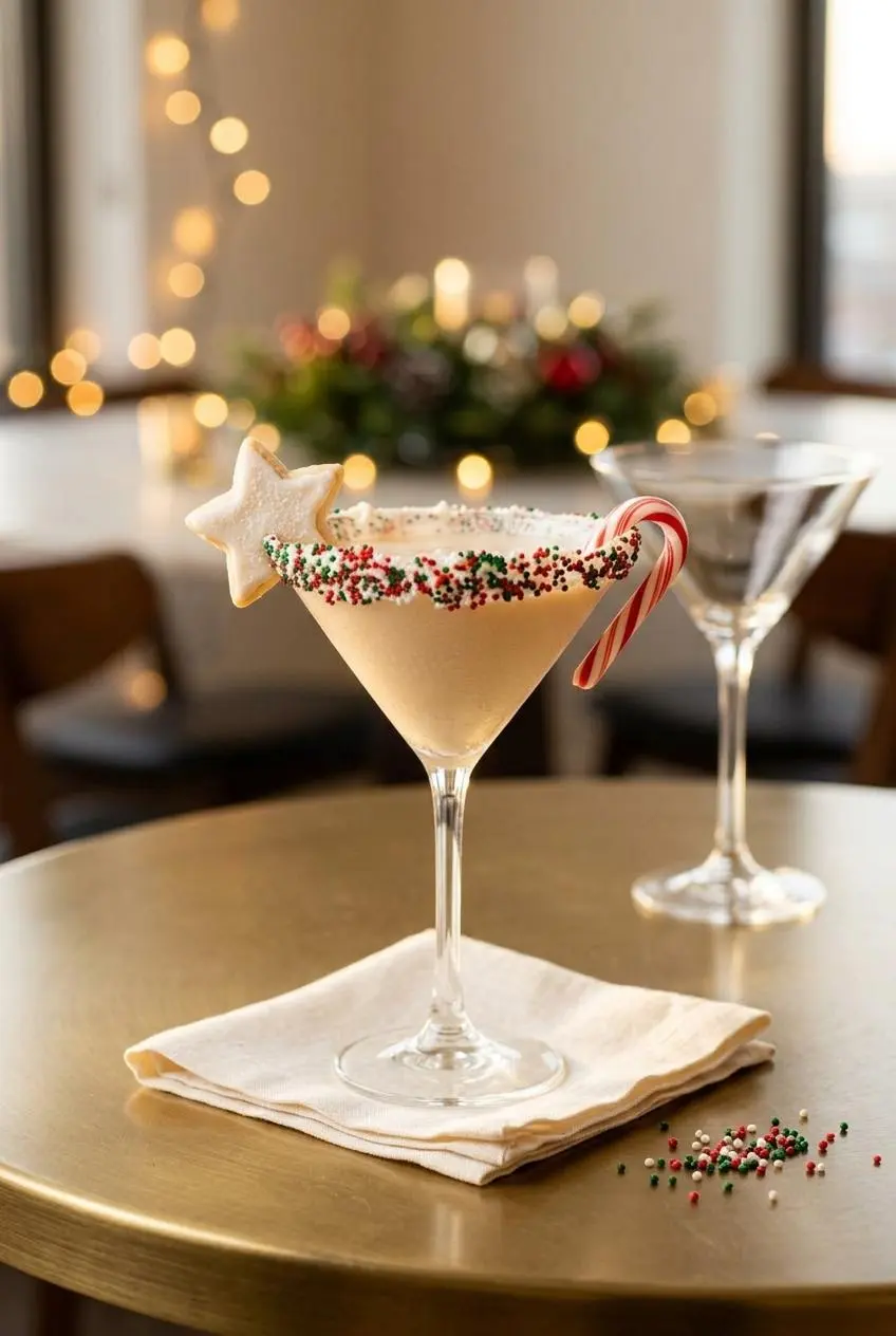 A Sugar Cookie Martini garnished with a small frosted cookie and a mini candy cane, set on a table for a holiday party.