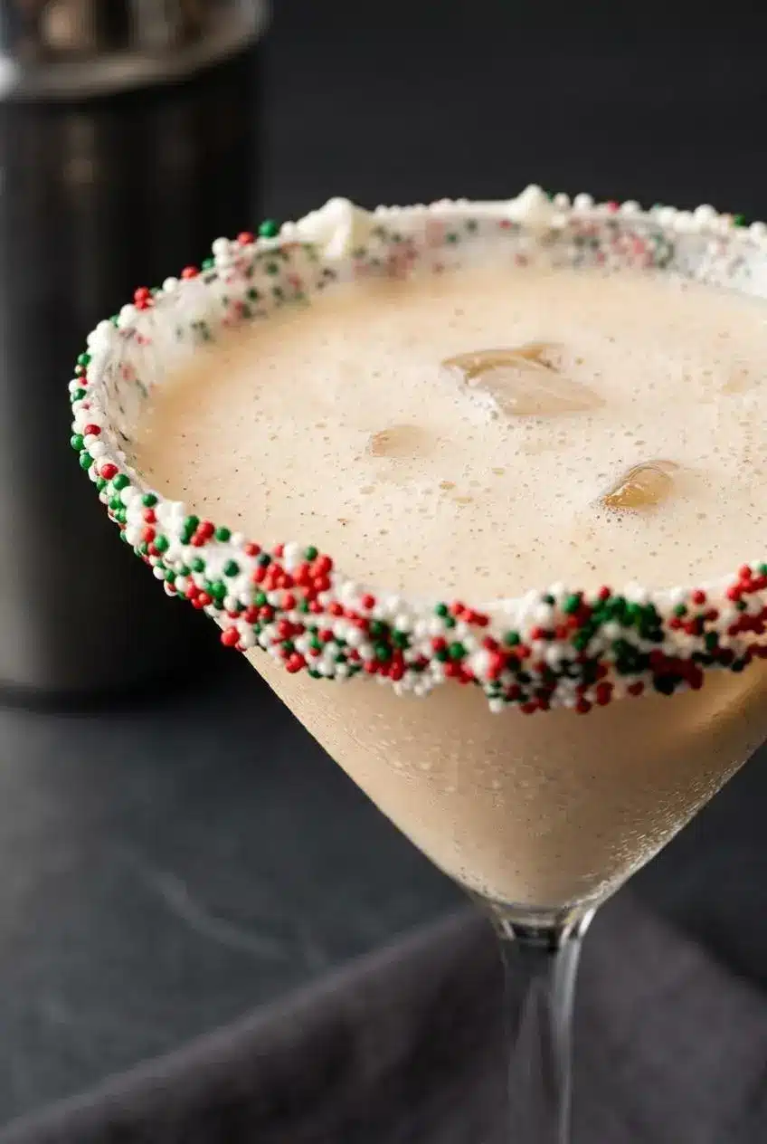 A close-up macro view of a sugar cookie cocktail, showing the frothy texture and colorful sprinkles on the frosted rim.
