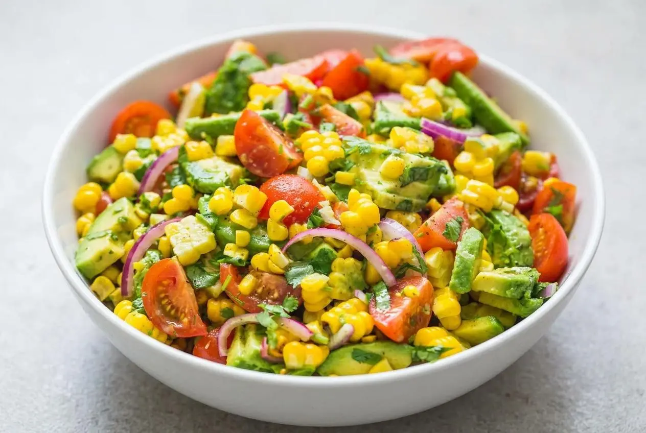 A large white bowl of Summer Corn Salad with Avocado, showing charred corn, creamy avocado slices, and juicy cherry tomatoes.
