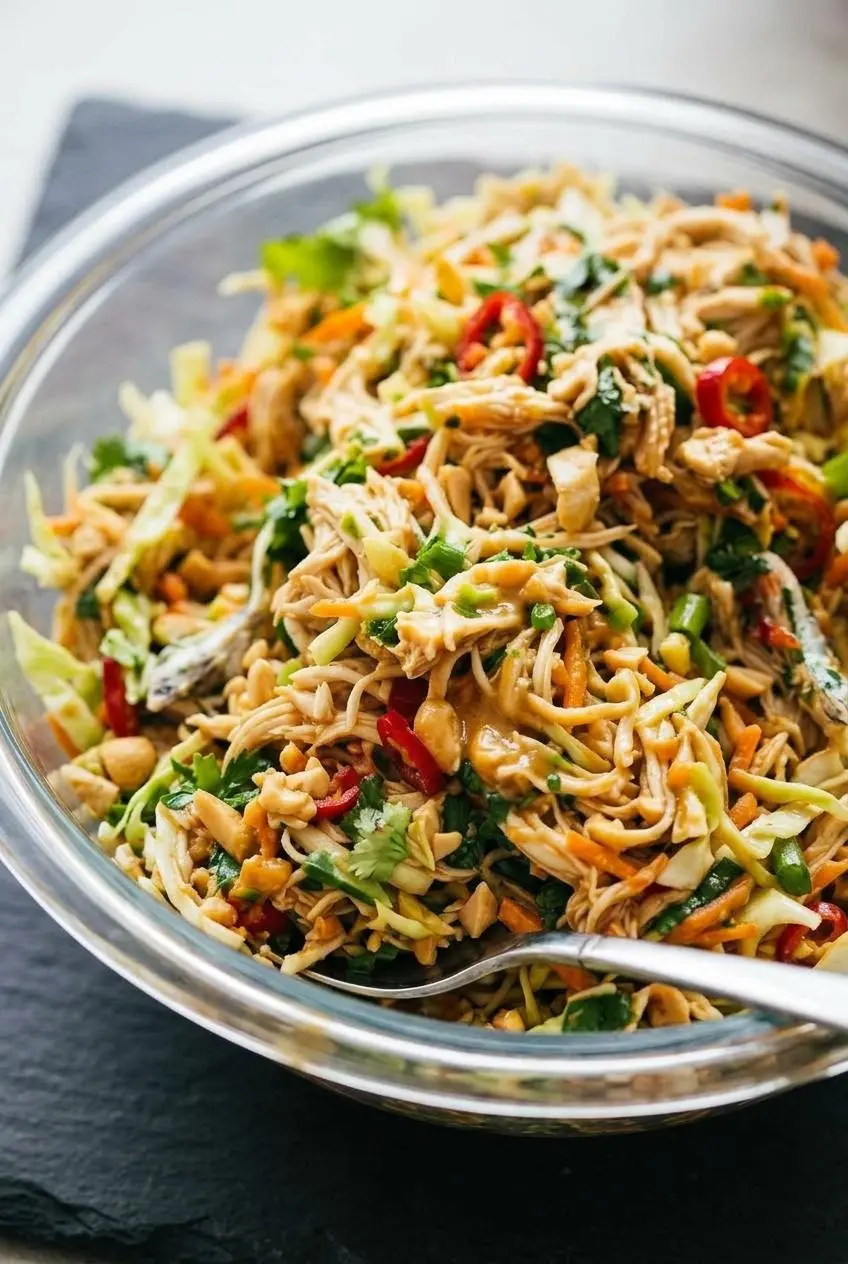 A close-up macro shot of Thai chicken salad, showing the glossy peanut dressing coating shredded chicken, crisp cabbage, and chopped