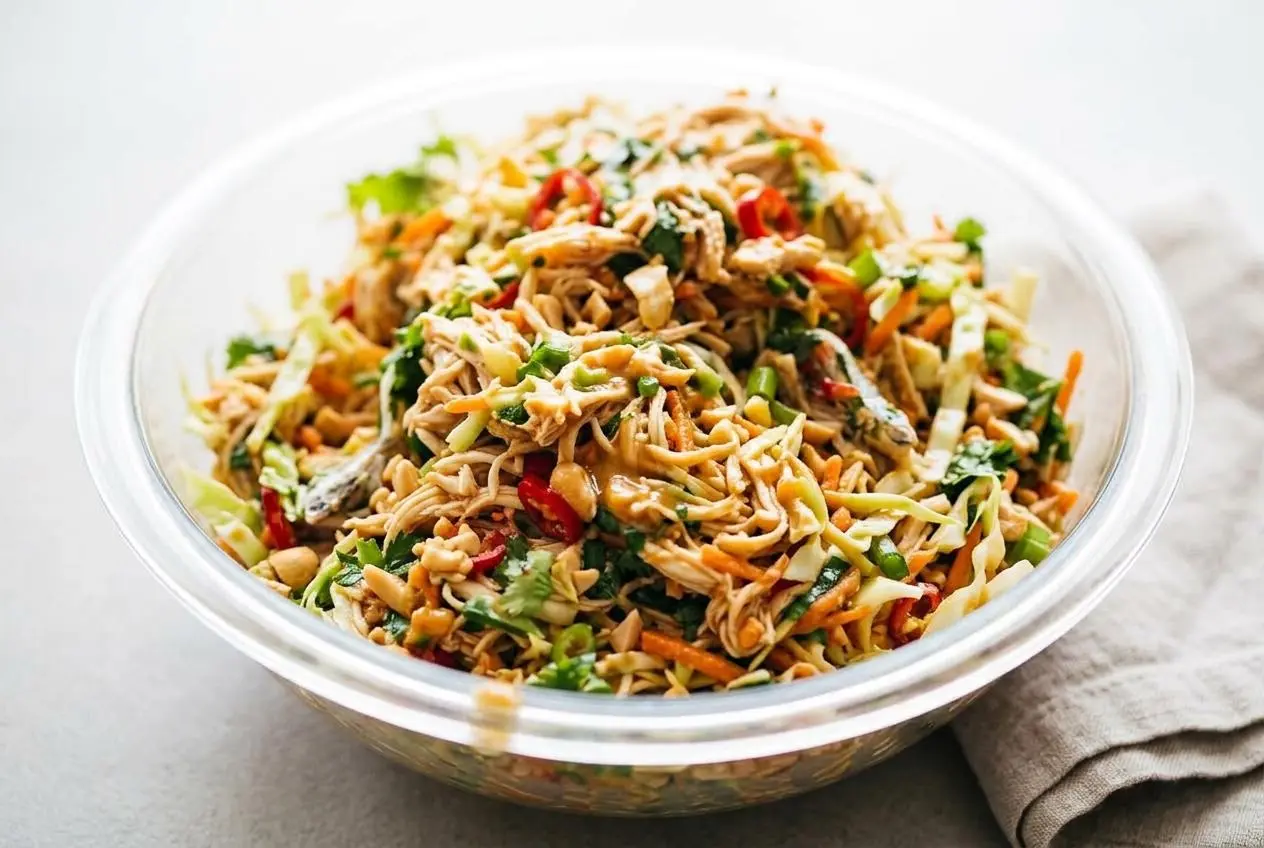 A large bowl of Thai Chicken Salad with shredded chicken, crunchy cabbage, and carrots, all tossed in a creamy peanut dressing.
