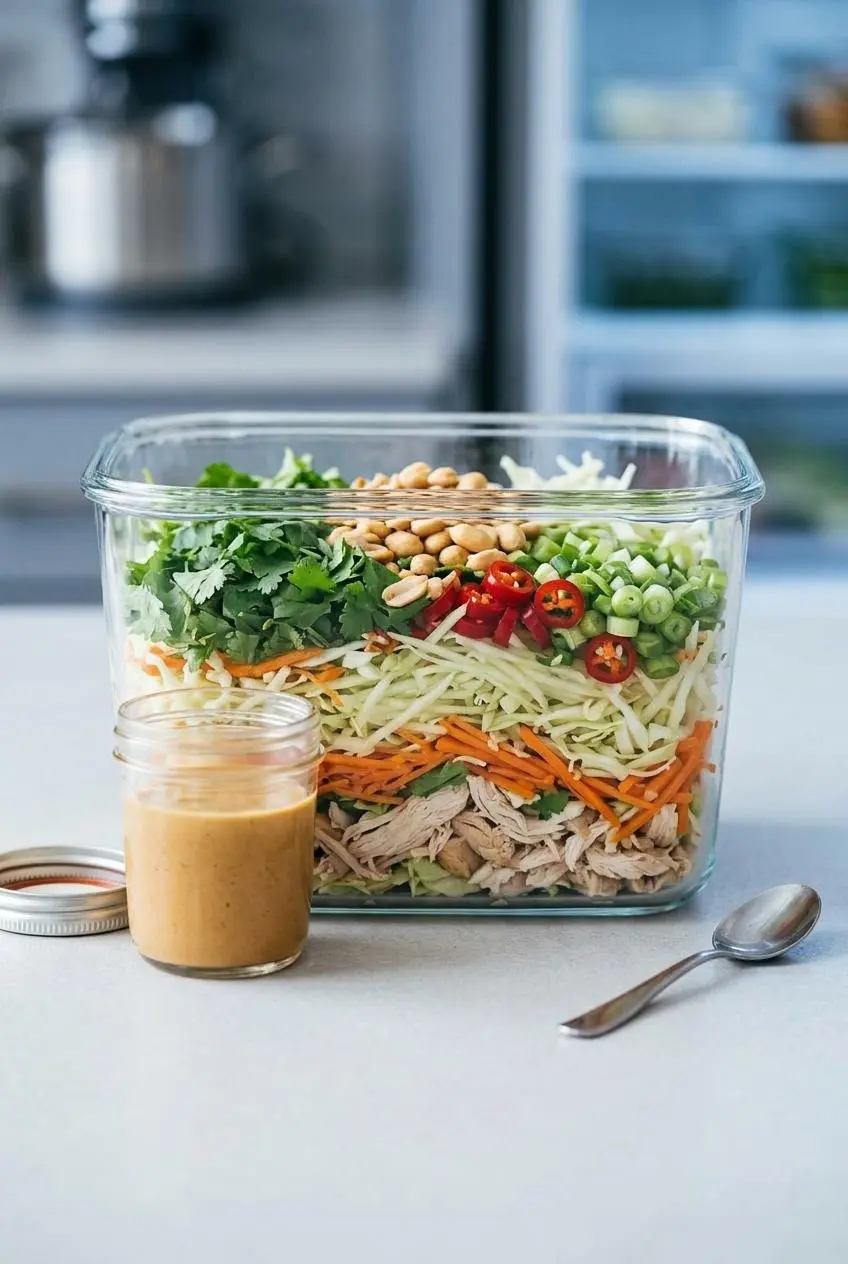 Meal prep for Thai salad: a glass container with undressed chicken and cabbage salad next to a separate jar of peanut dressing.