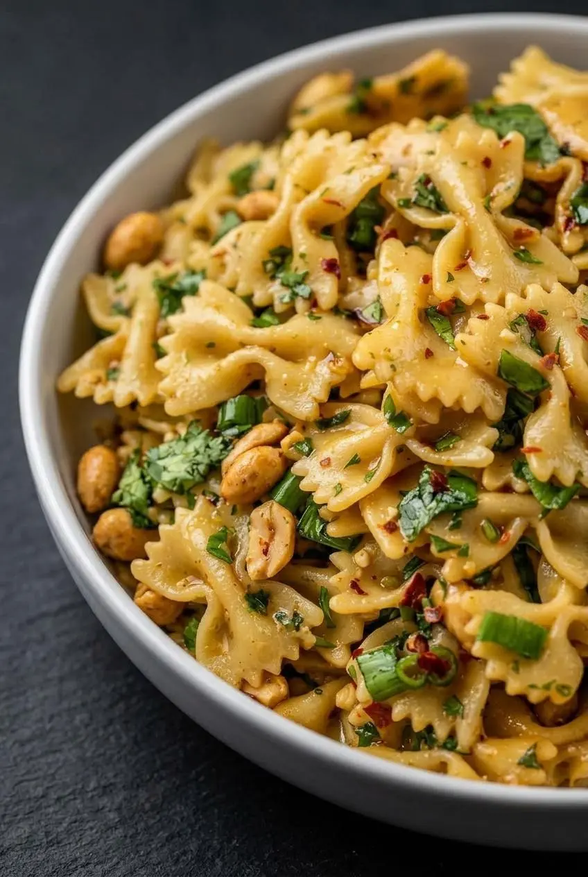A close-up texture shot of bowtie pasta coated in a glossy, spicy sesame dressing with flecks of red pepper and cilantro.