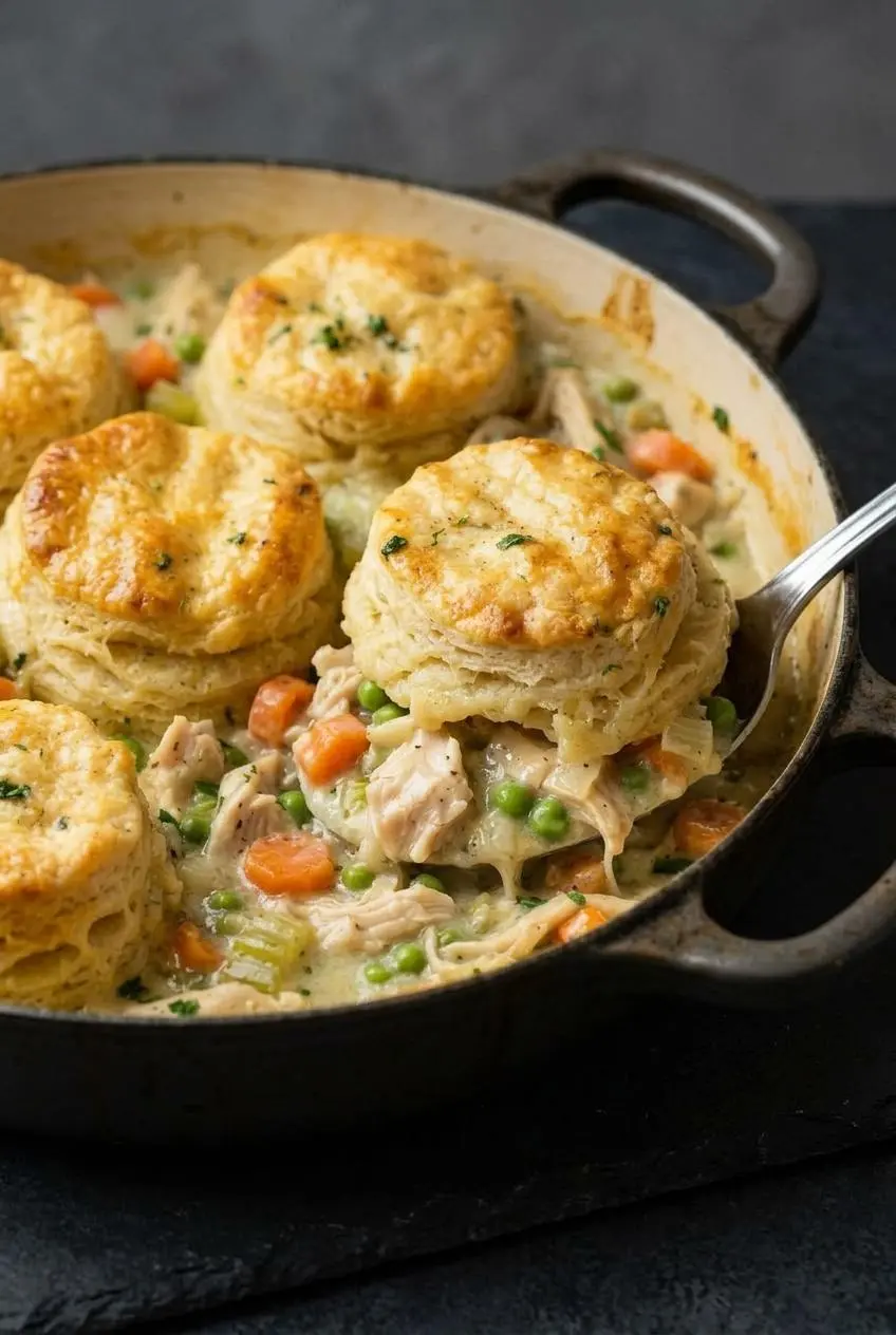 Close-up of a biscuit being lifted from a chicken pot pie, revealing the thick, creamy filling with chicken and vegetables underneath.