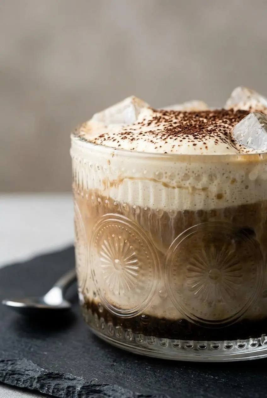 A close-up of the thick, airy mascarpone cream topping on an iced latte, showing its stable texture with a light dusting of cocoa powder.