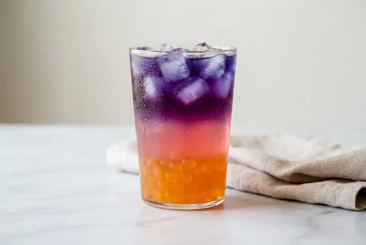 A tall glass of a layered Tropical Butterfly Refresher recipe with mango boba, a pink guava layer, and a vibrant blue top.