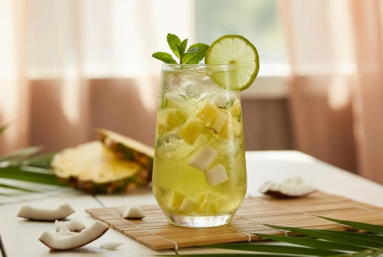 A tall glass of tropical iced green tea recipe, filled with ice cubes and pineapple bits, showing its clear, refreshing yellow-green color.