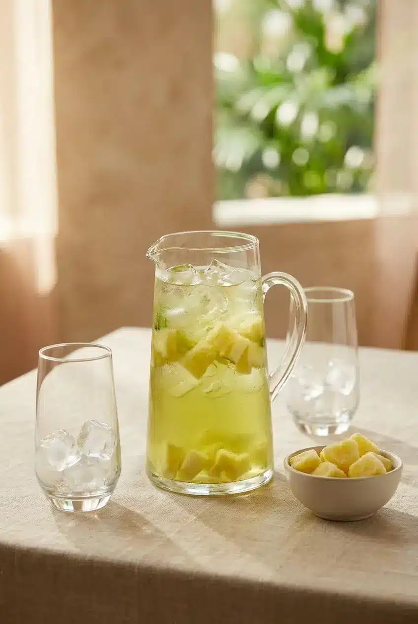 A pitcher of tropical iced tea on a table set for a party, with two poured glasses and a bowl of frozen pineapple to use instead of ice.