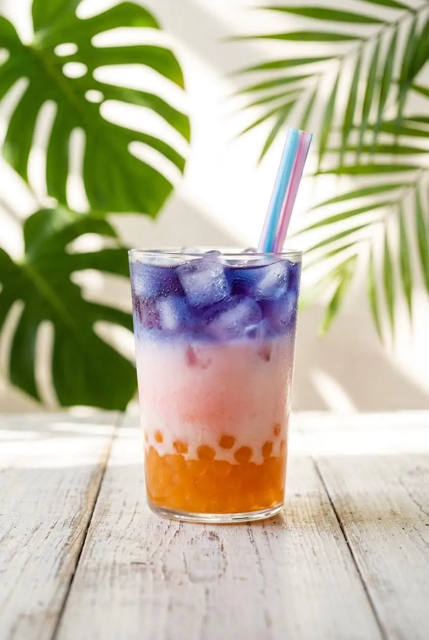 A creamy pink and blue 'Butterfly Drink' variation made with coconut milk, served in a tall glass with a boba straw.