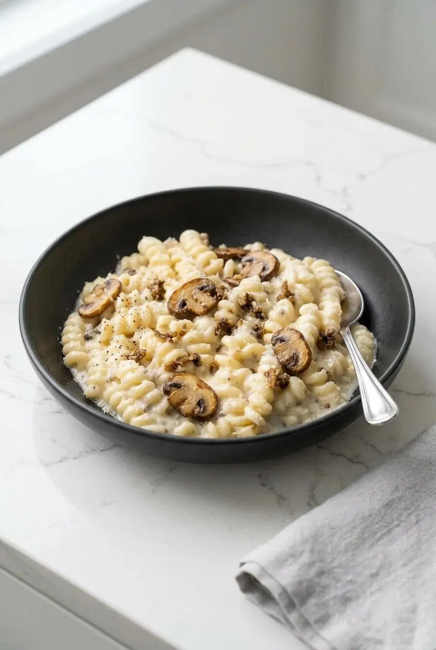 A bowl of creamy truffle pasta mixed with browned, sliced cremini mushrooms on a light countertop.