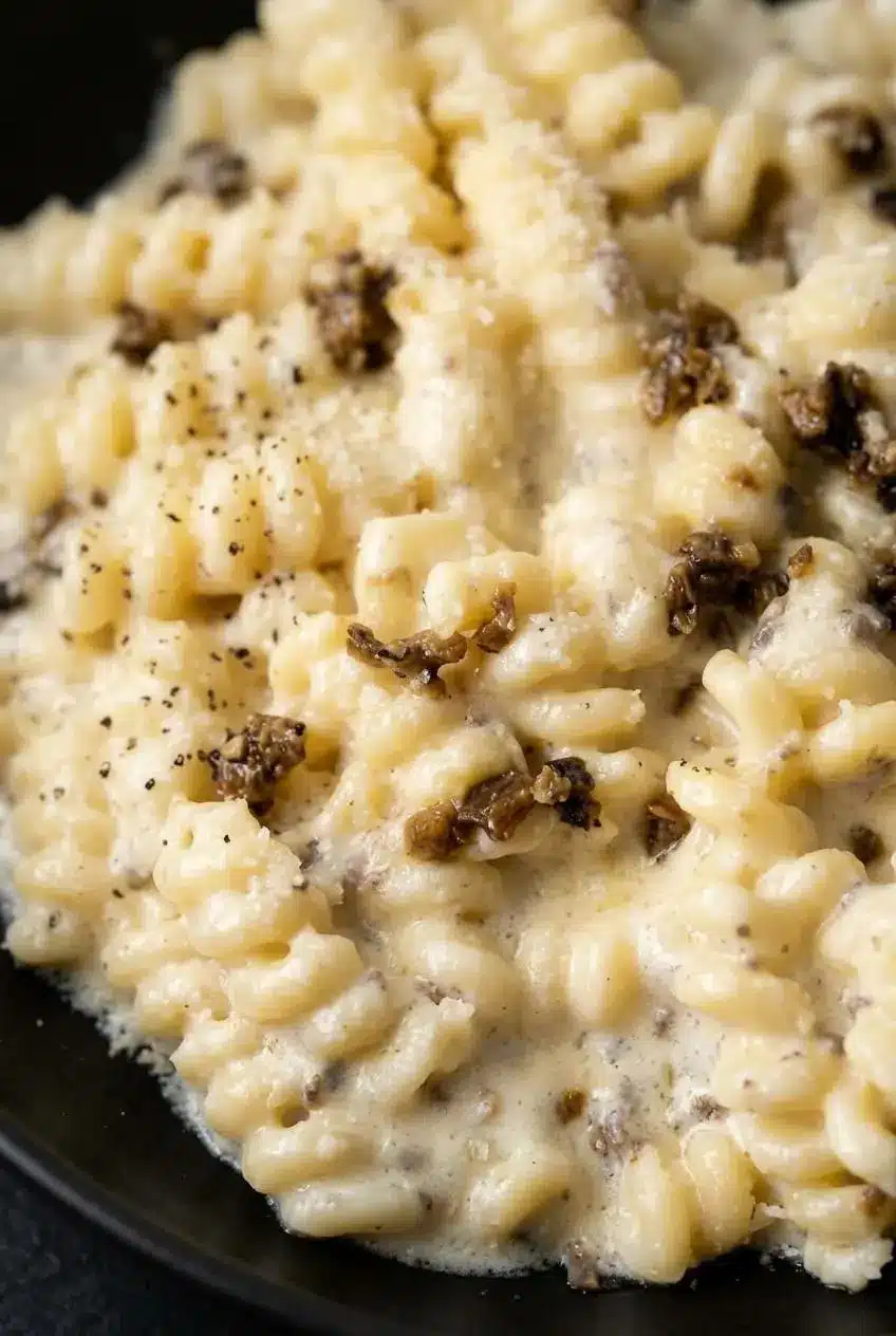 Extreme close-up of creamy truffle pasta, showing the glossy, smooth sauce coating the spirals of fusilli pasta.