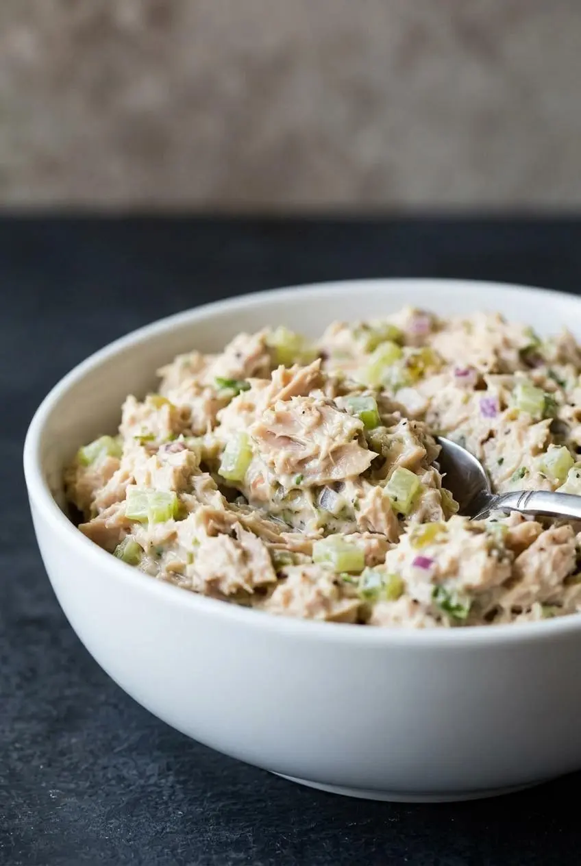 A macro close-up of creamy tuna salad, highlighting the rich texture of the dressing clinging to flakes of tuna and finely chopped celery.
