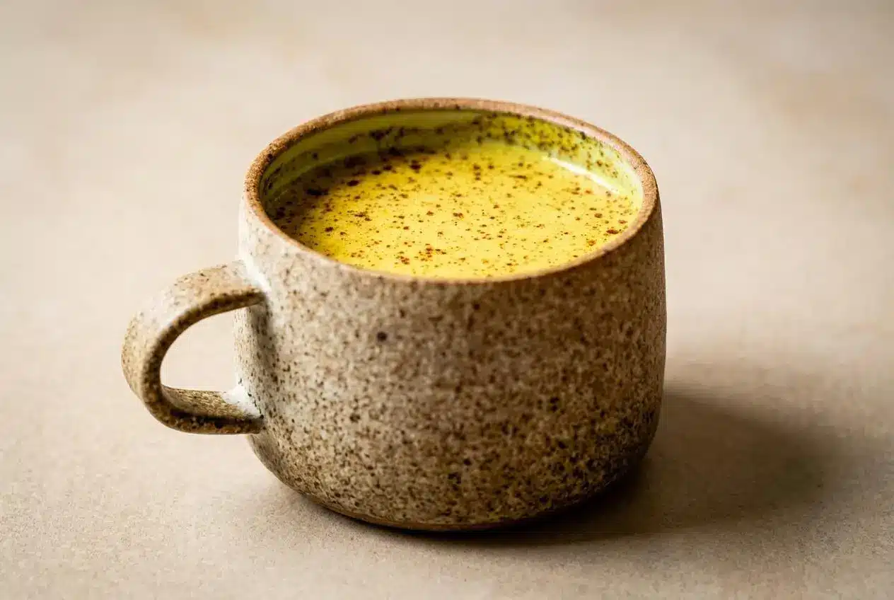 A steaming mug of creamy Turmeric Golden Milk Recipe, garnished with a light dusting of cinnamon on a dark surface.