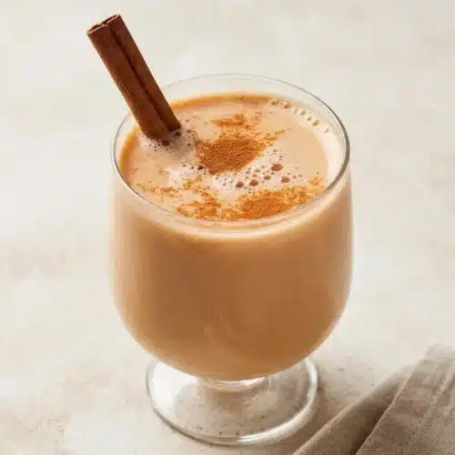 A steaming mug of creamy vanilla cinnamon milk tea recipe, garnished with a whole cinnamon stick.