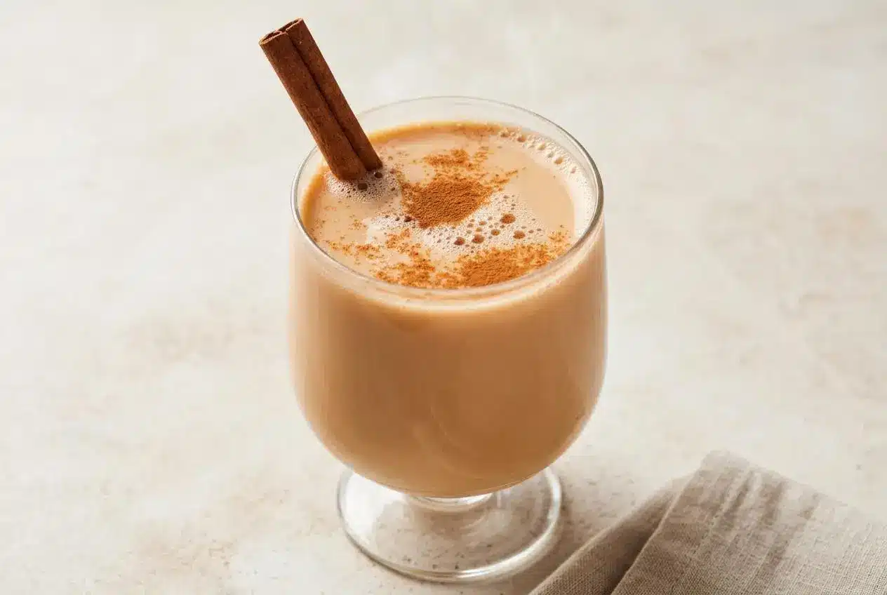 A steaming mug of creamy vanilla cinnamon milk tea recipe, garnished with a whole cinnamon stick.
