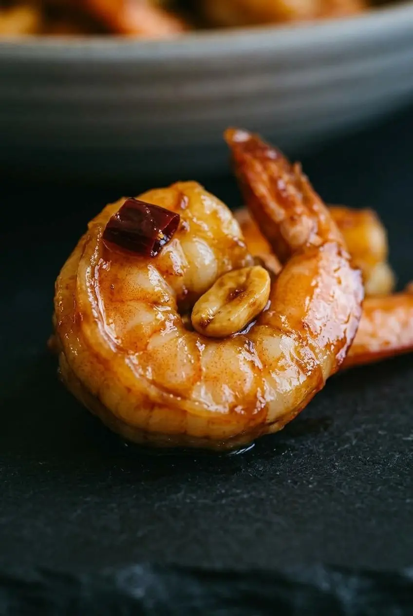 Extreme close-up of a single plump, juicy shrimp coated in a glossy sauce, showing the tender texture achieved through velveting.