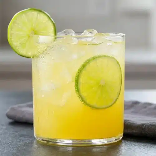 A frosty glass of Virgin Margarita Mocktail with a salted rim and a fresh lime wedge garnish.