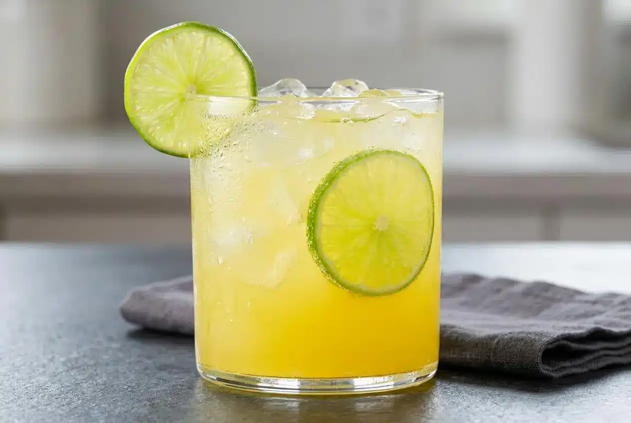 A frosty glass of Virgin Margarita Mocktail with a salted rim and a fresh lime wedge garnish.