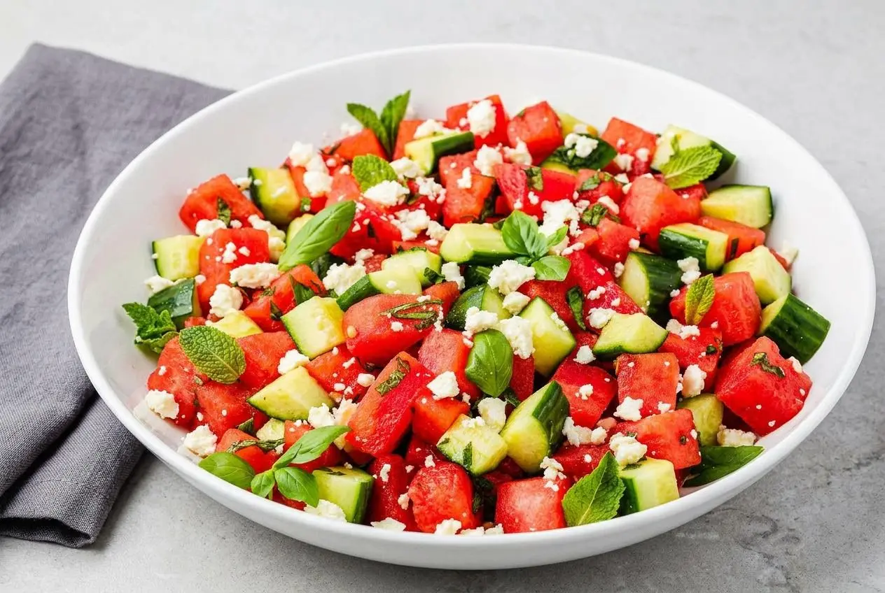 Watermelon Feta Salad in a white serving bowl, showing juicy red watermelon cubes, creamy feta crumbles, and fresh green herbs.