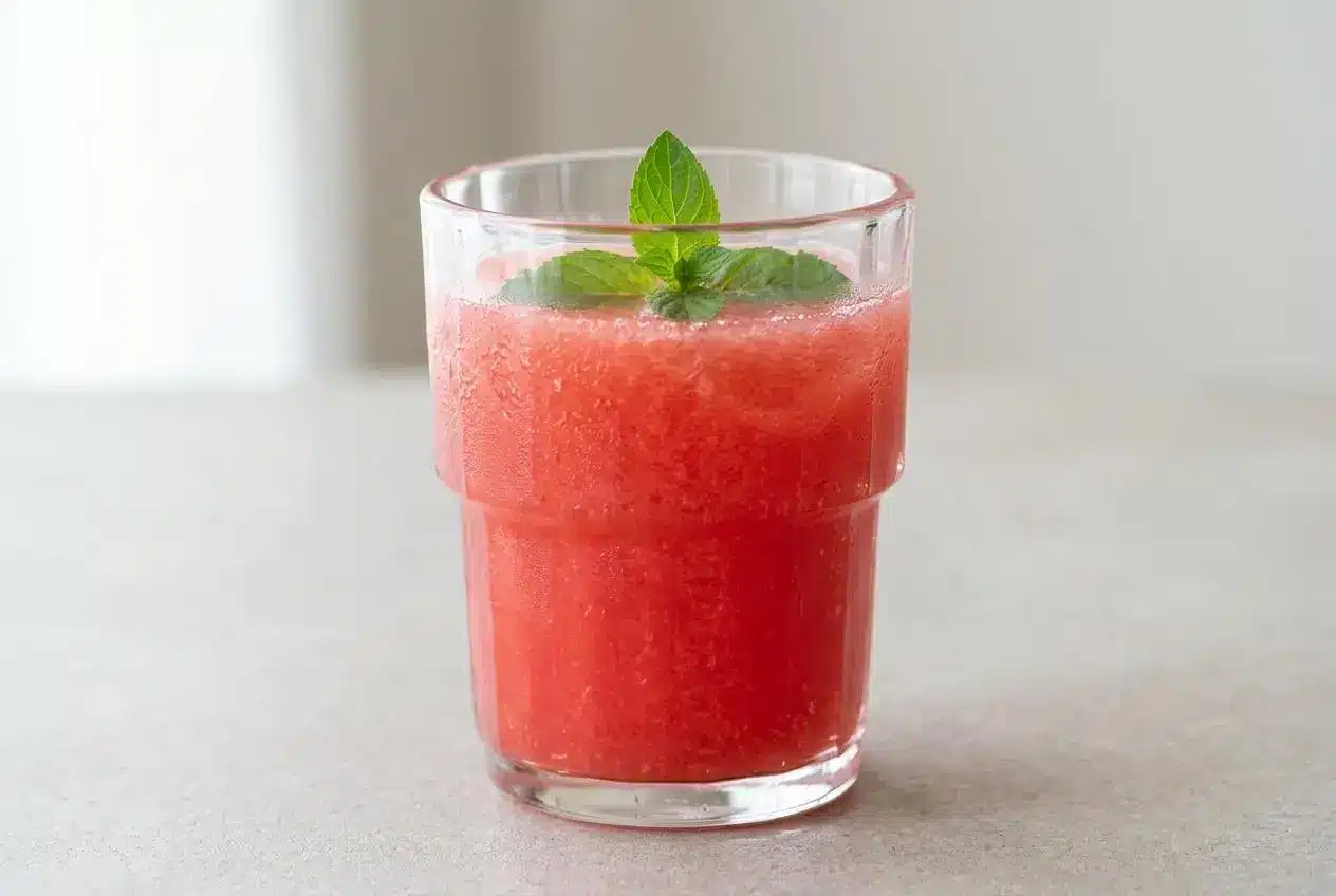 A glass and pitcher of vibrant pink watermelon juice recipe, garnished with fresh mint and a lime wedge for a refreshing summer drink.