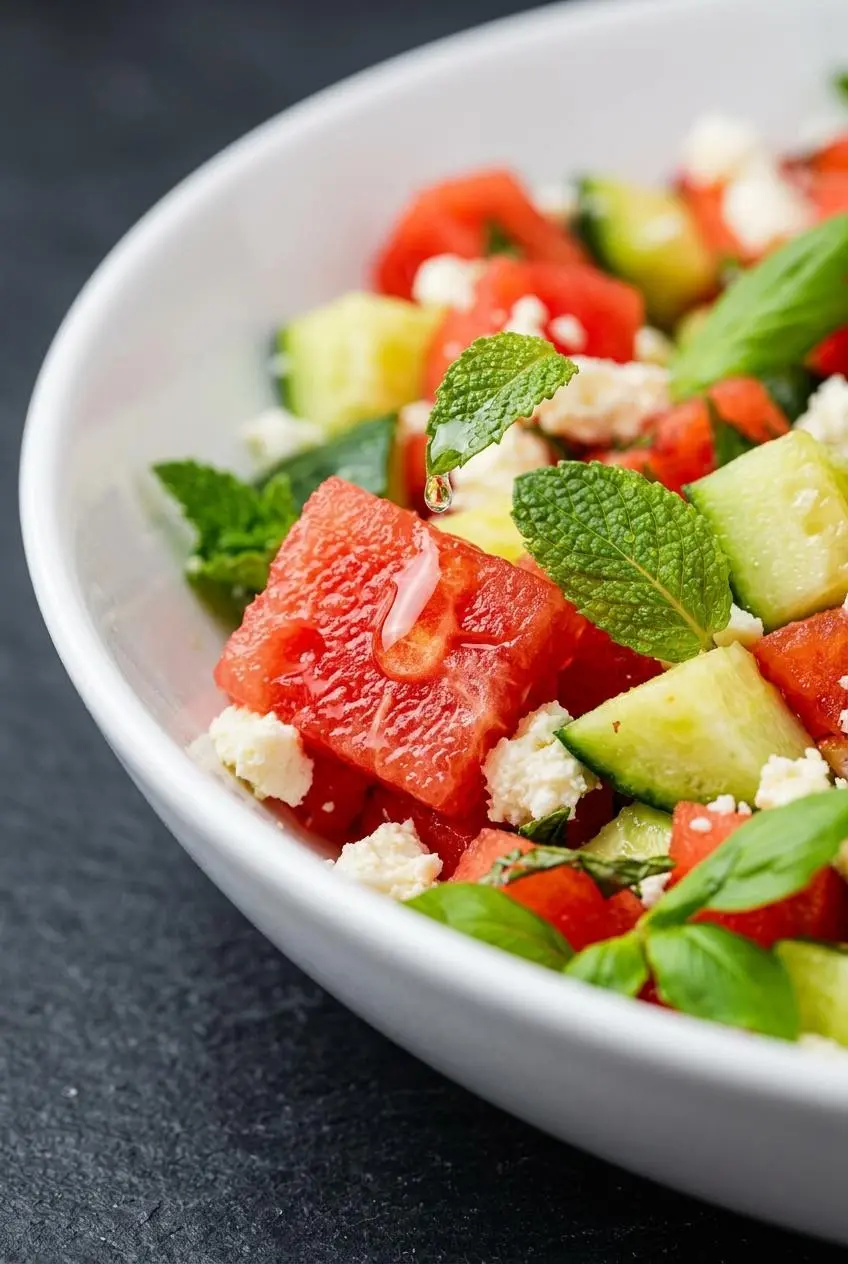 An extreme close-up of watermelon feta salad, showing a crisp watermelon cube next to a creamy feta crumble and a dewy mint leaf.