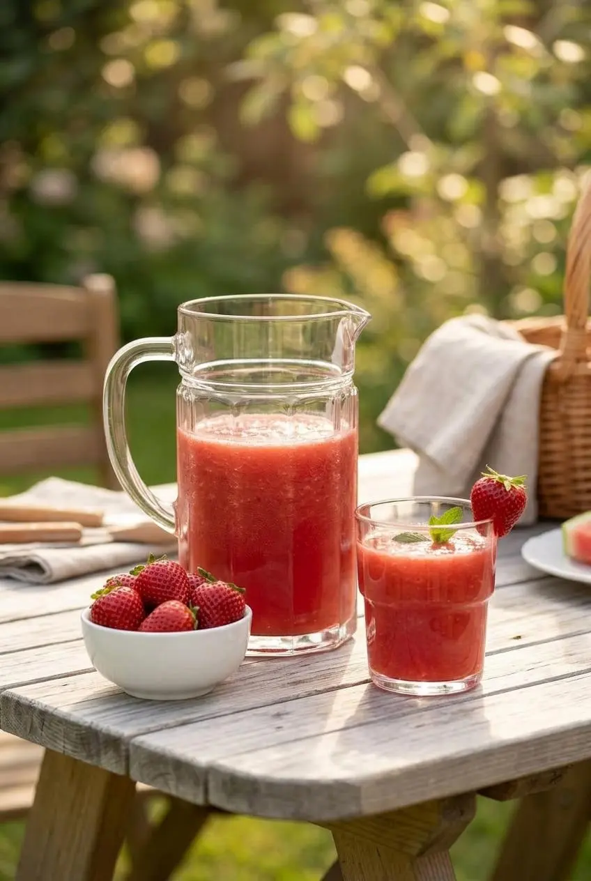 A pitcher and glass of watermelon strawberry juice on a sunny picnic table, with a bowl of fresh strawberries nearby.