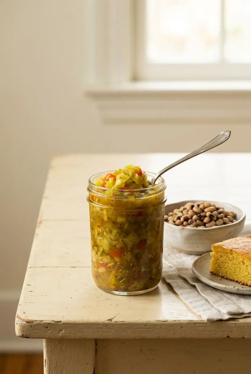 A bowl of chow chow relish served on a table next to a bowl of black-eyed peas and a piece of cornbread.