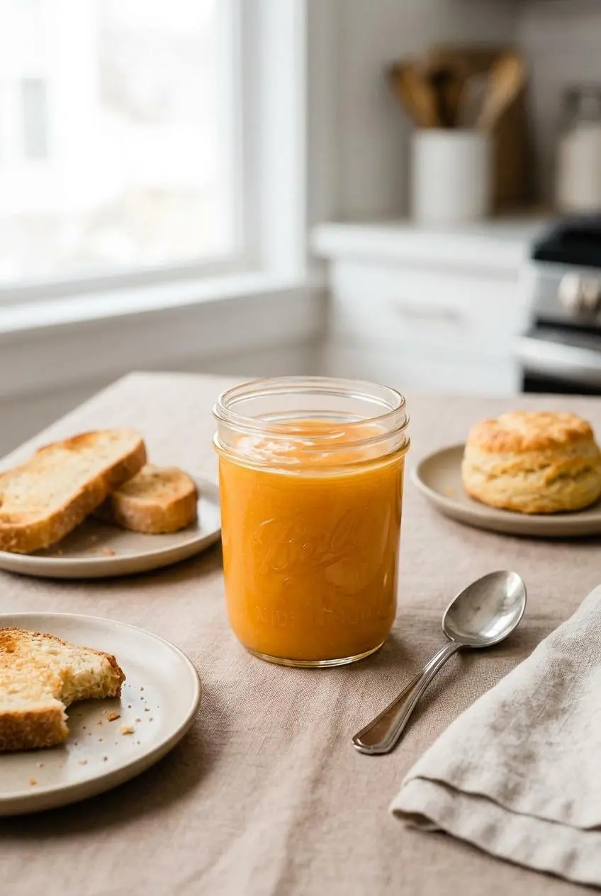 A jar of homemade orange curd on a breakfast table with pieces of toast and a warm biscuit on side plates, ready for spreading.