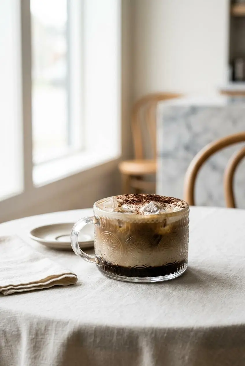 A finished Iced Tiramisu Latte served in a clear glass on a linen-covered table, showing its distinct layers of coffee, milk, and cream