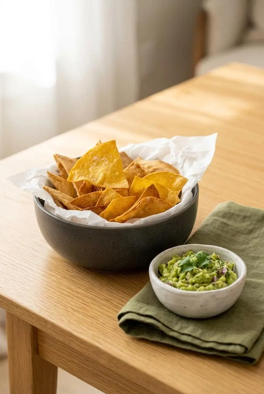 A dark gray bowl of homemade tortilla chips on a wooden table, served with a small white bowl of fresh guacamole and an olive green napkin.