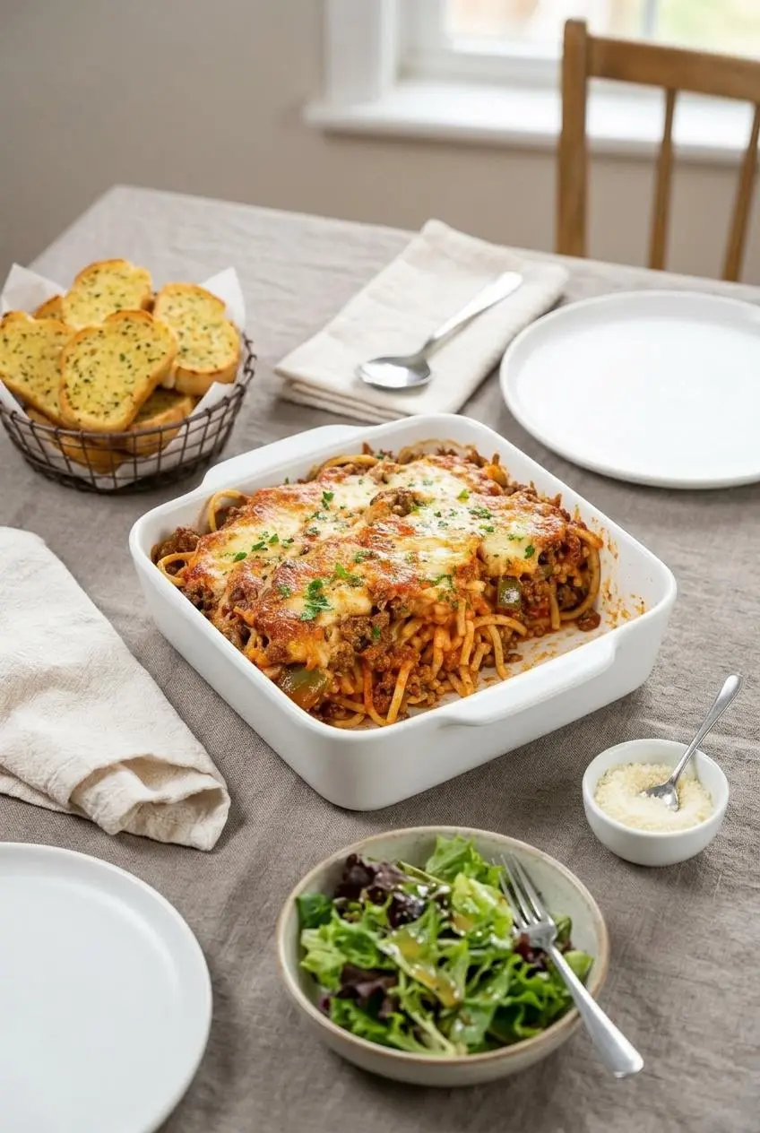 Baked spaghetti casserole on a dining table with a side salad, garlic bread, and a bowl of Parmesan cheese.