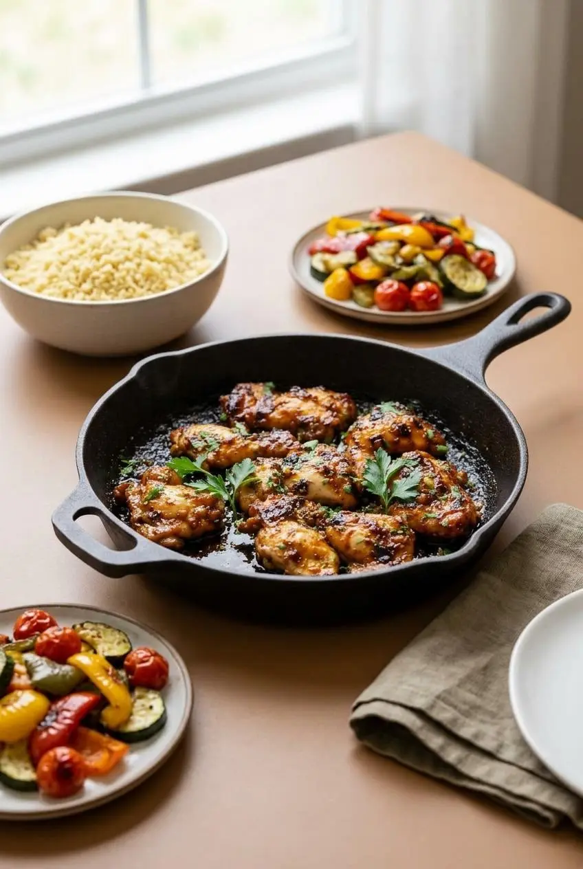 A serving dish of balsamic chicken thighs presented on a dining table with a bowl of couscous, roasted vegetables, and an empty plate.