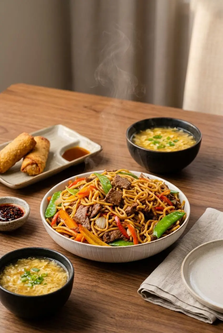 A family-style serving of beef lo mein on a dining table, with small bowls of egg drop soup, egg rolls, and chili oil on the side.