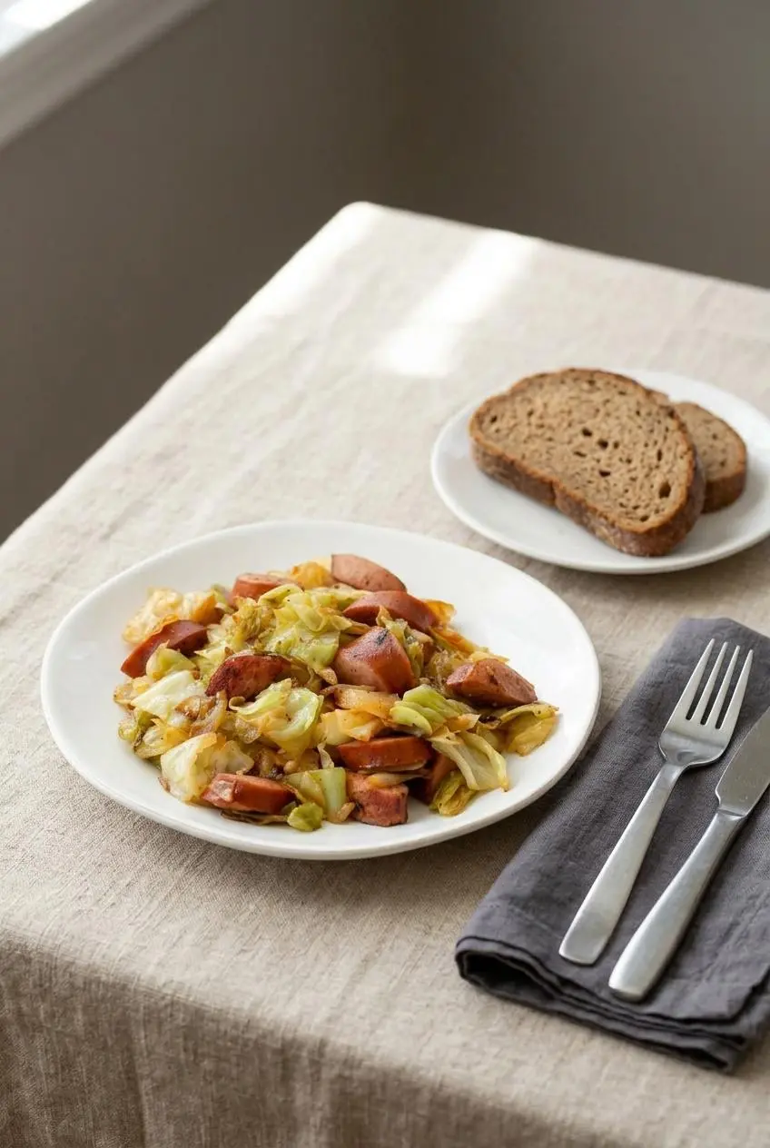 A skillet of cabbage and sausage served on a dining table with a side of rye bread on a plate, ready for a meal.