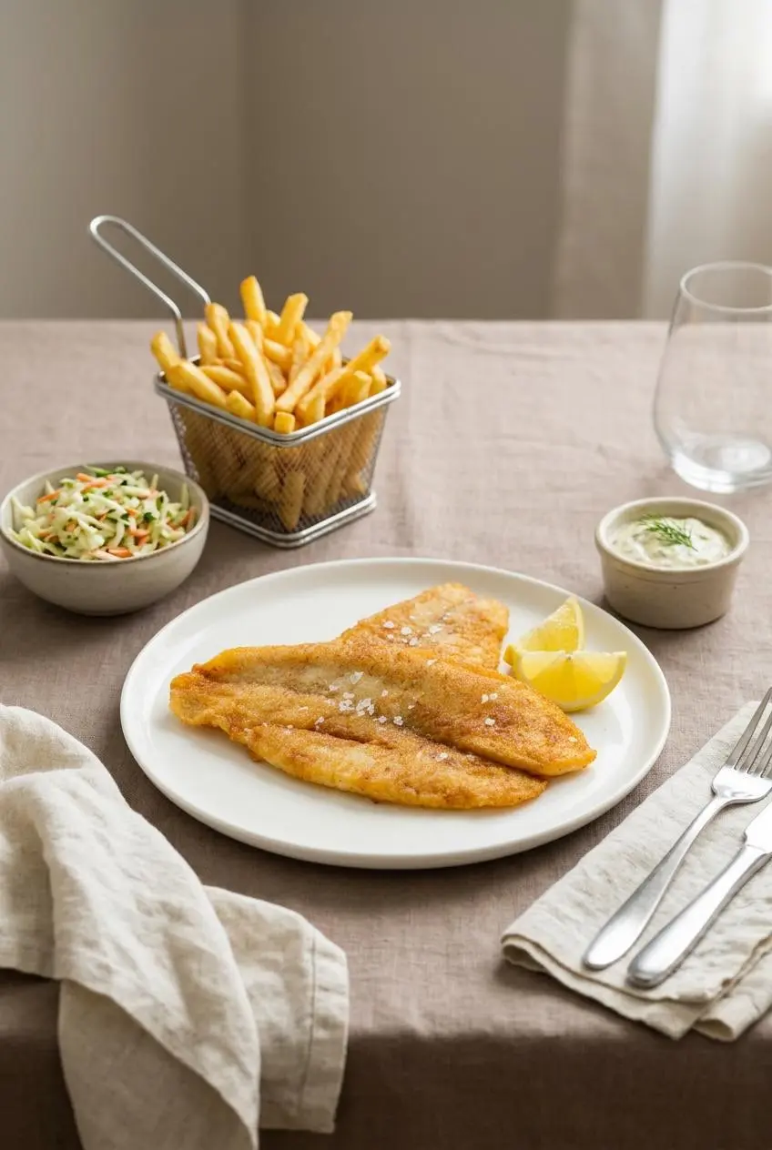 A dinner plate with two golden fried fish fillets, served with a side of french fries, coleslaw, and a small ramekin of tartar sauce.