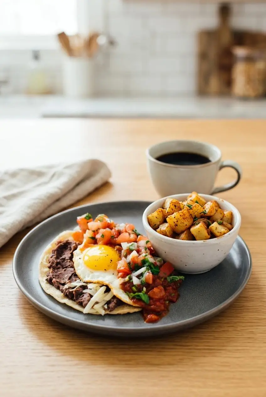A brunch scene with a plate of huevos rancheros, a side bowl of fried potatoes, and a cup of coffee on a light wood table.