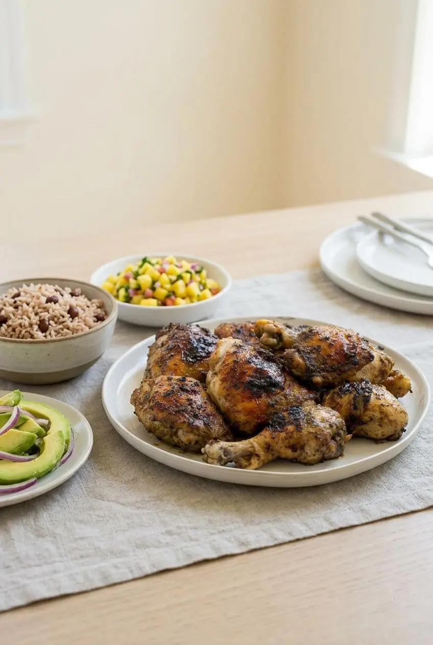 A platter of jerk chicken served family-style with small bowls of rice and peas and pineapple salsa on a dining table.