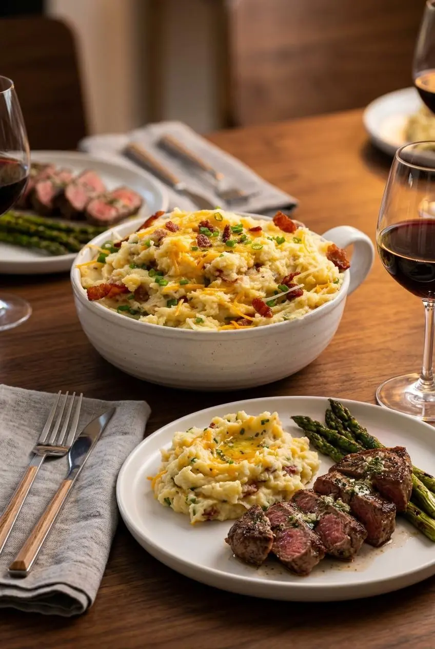 A serving of loaded mashed potatoes on a white plate next to garlic butter steak bites, with the full baking dish in the background.