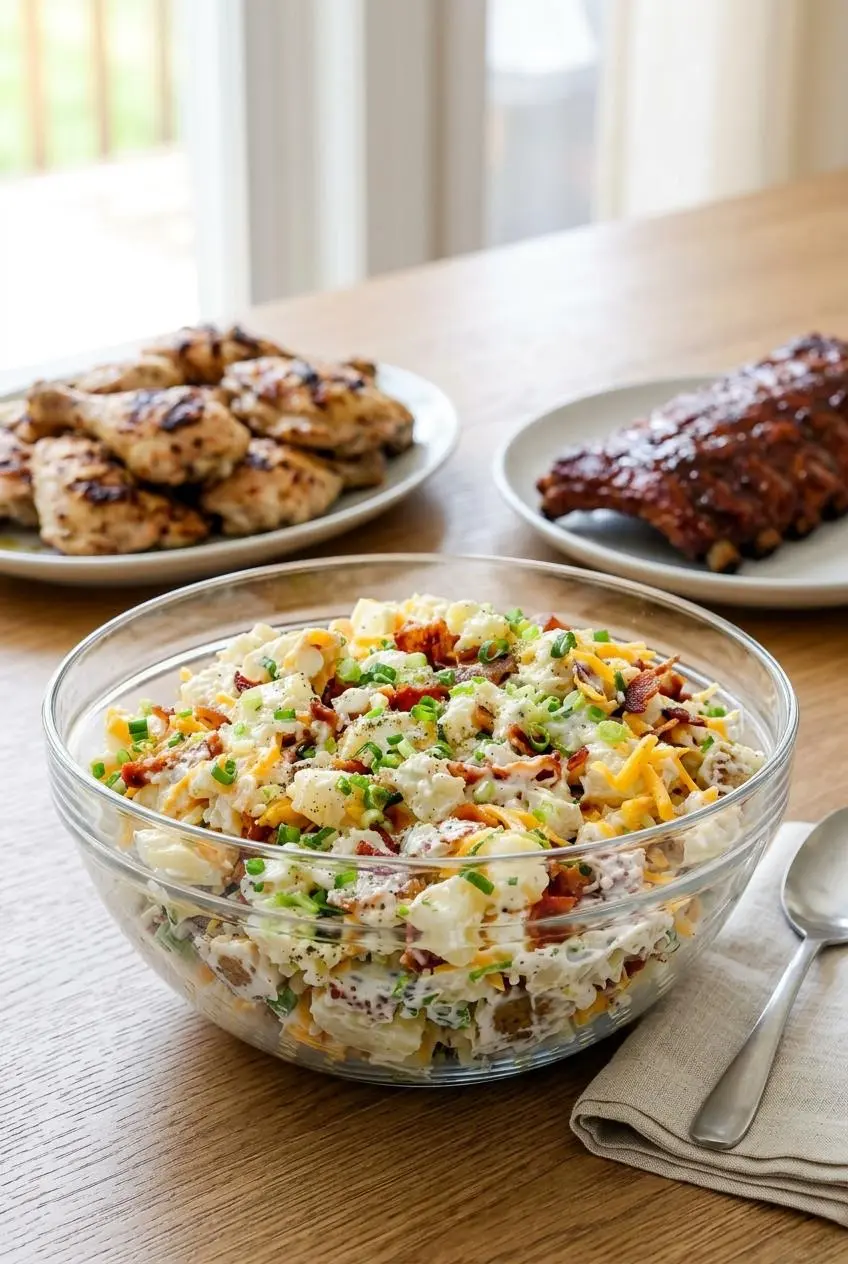 A bowl of loaded potato salad served on a wooden table as part of a BBQ meal with grilled chicken and ribs in the background.