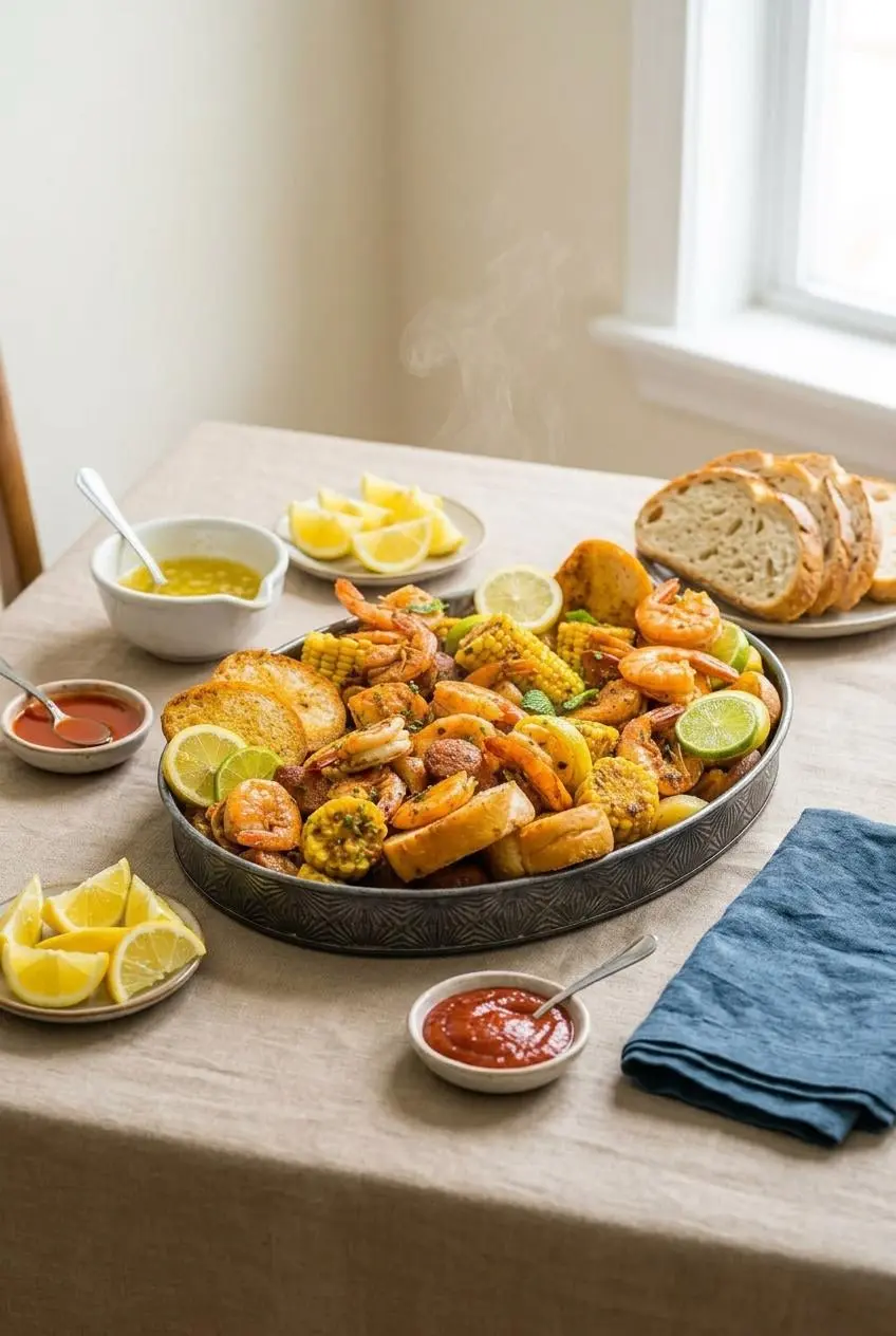 A Low Country Boil served family-style on a table with bowls of garlic butter, cocktail sauce, hot sauce, lemon wedges, and slices of