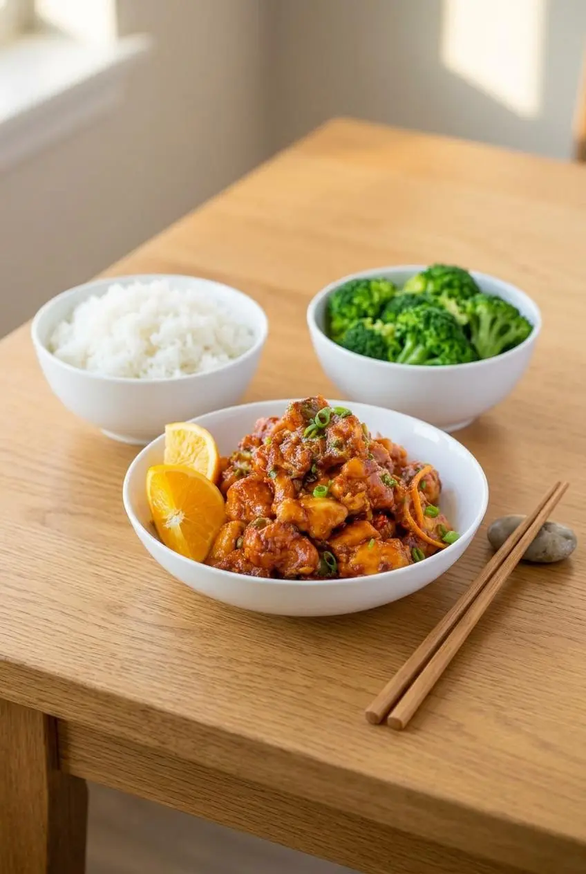 A serving of orange peel chicken on a plate with a side of steamed white rice and green broccoli, set on a wooden table with chopsticks.