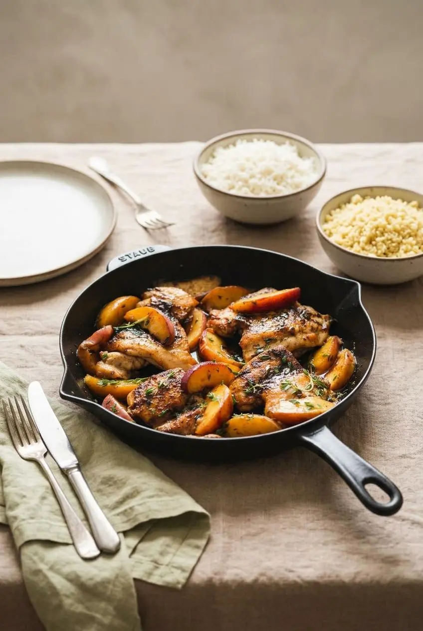 A cast iron skillet of peach chicken on a dining table, with small bowls of rice and couscous, an empty plate, and a napkin.