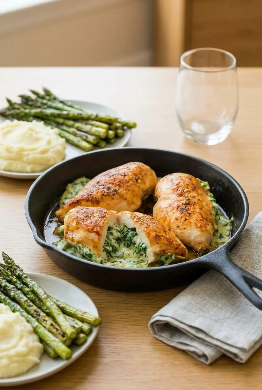 A plated dinner of spinach stuffed chicken served on a dining table with a side of creamy mashed potatoes and roasted asparagus.