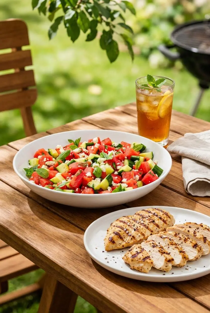A bowl of watermelon feta salad on a wooden picnic table next to a plate of grilled chicken slices and a glass of iced tea.