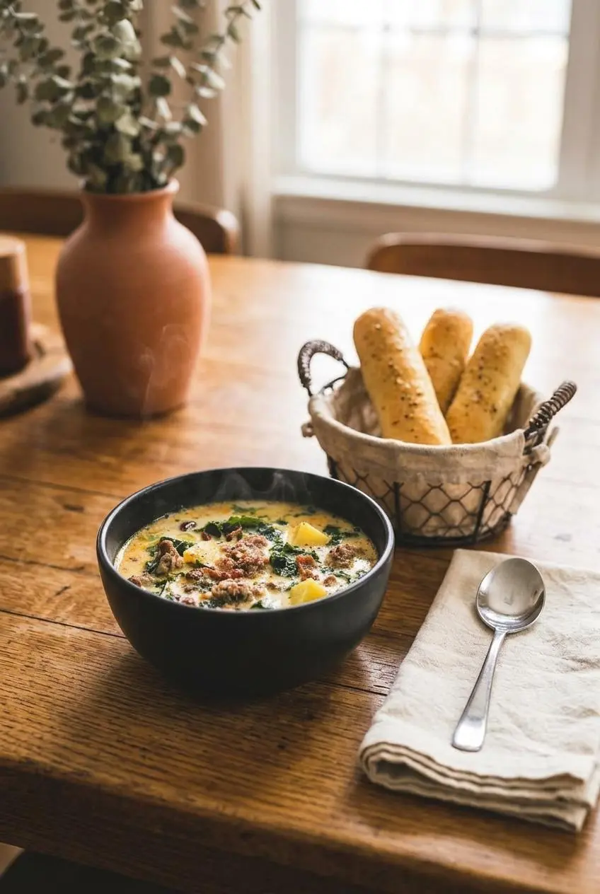A bowl of Zuppa Toscana soup served on a rustic wooden table with a basket of warm breadsticks and a linen napkin.