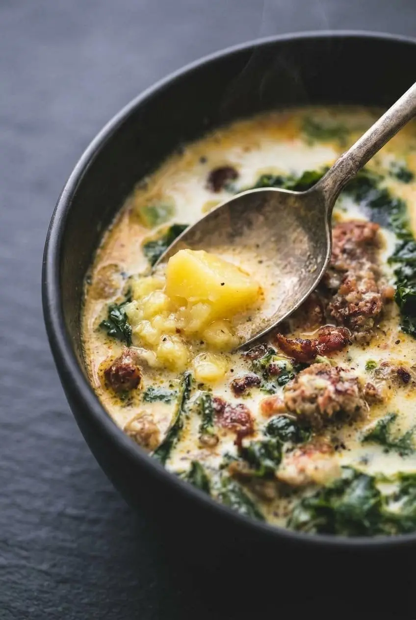 A close-up macro shot of Zuppa Toscana, with a spoon pressing a soft potato against the bowl to show the soup's thick, creamy texture.