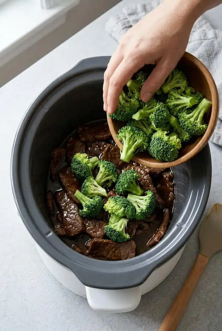 Overhead view of bright green broccoli florets being added to a slow cooker insert containing cooked beef in a dark, glossy sauce.
