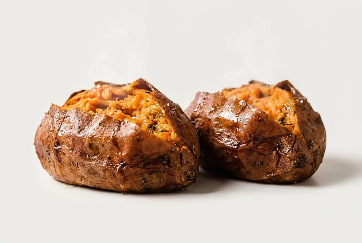 A whole air fryer baked sweet potato with crispy, salt-flecked skin, split open to reveal the fluffy, bright orange flesh inside.