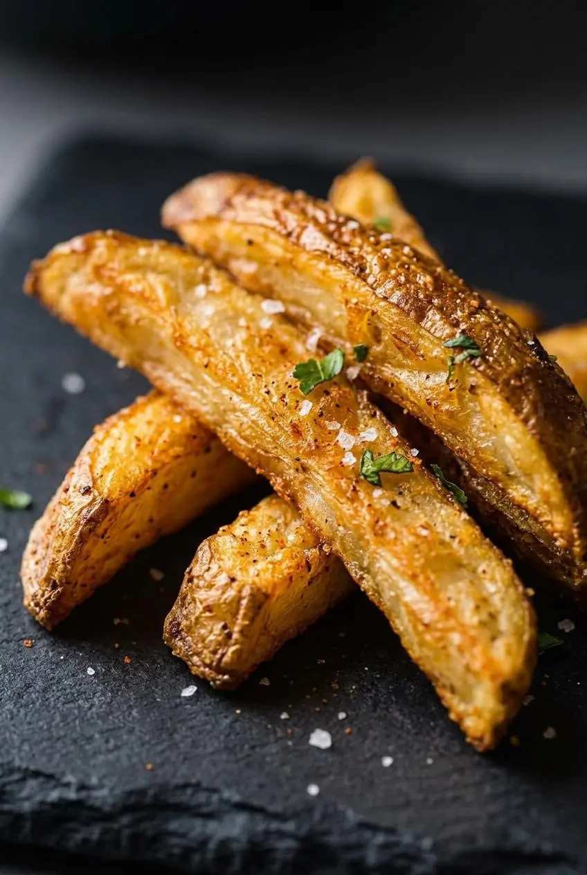 A close-up macro shot of several crispy air fryer fries, showing the blistered, golden-brown surface sprinkled with salt and paprika.